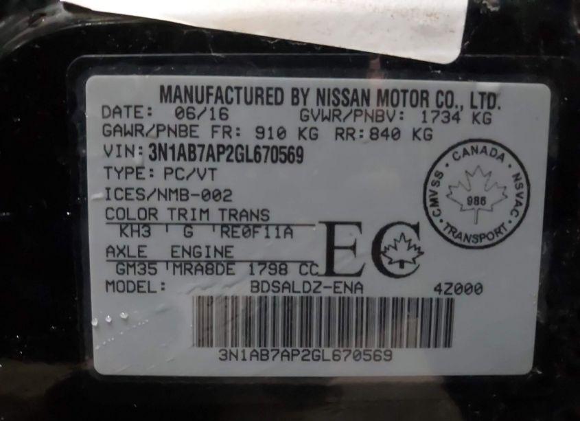 Photo 9 of 2016 Nissan Sentra FE+ S/S/SL/SR/SV (VIN 3N1AB7AP2GL670569)