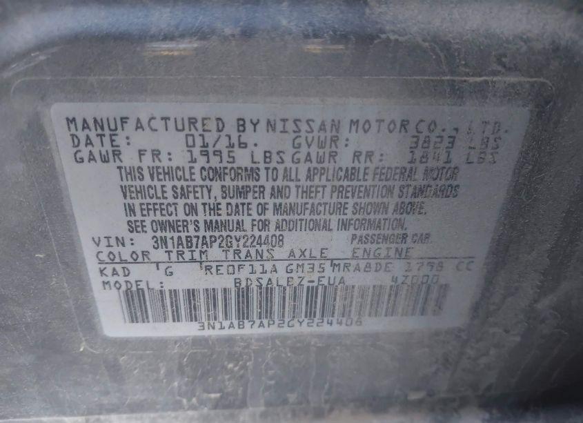 Photo 9 of 2016 Nissan Sentra S (VIN 3N1AB7AP2GY224408)