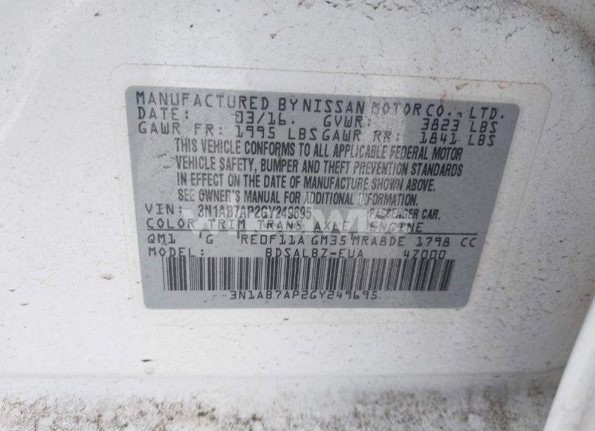 Photo 9 of 2016 Nissan Sentra FE+ S/S/SL/SR/SV (VIN 3N1AB7AP2GY249695)