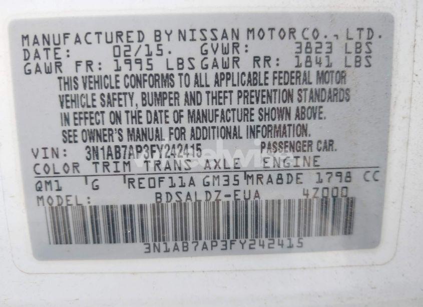 Photo 9 of 2015 Nissan Sentra FE+ S/S/SL/SR/SV (VIN 3N1AB7AP3FY242415)