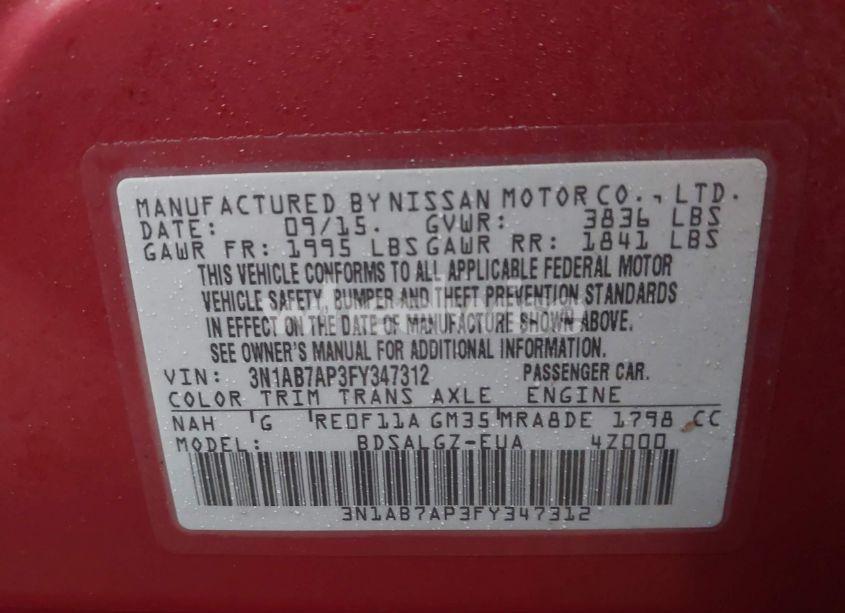 Photo 9 of 2015 Nissan Sentra SL (VIN 3N1AB7AP3FY347312)