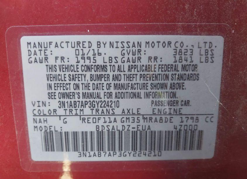 Photo 9 of 2016 Nissan Sentra SV (VIN 3N1AB7AP3GY224210)