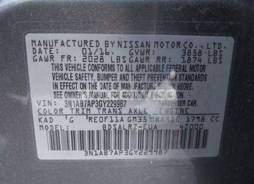 Photo 9 of 2016 Nissan Sentra SR (VIN 3N1AB7AP3GY229987)