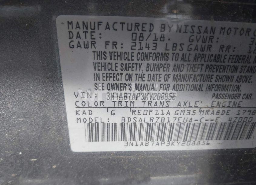 Photo 9 of 2019 Nissan Sentra SR (VIN 3N1AB7AP3KY208856)