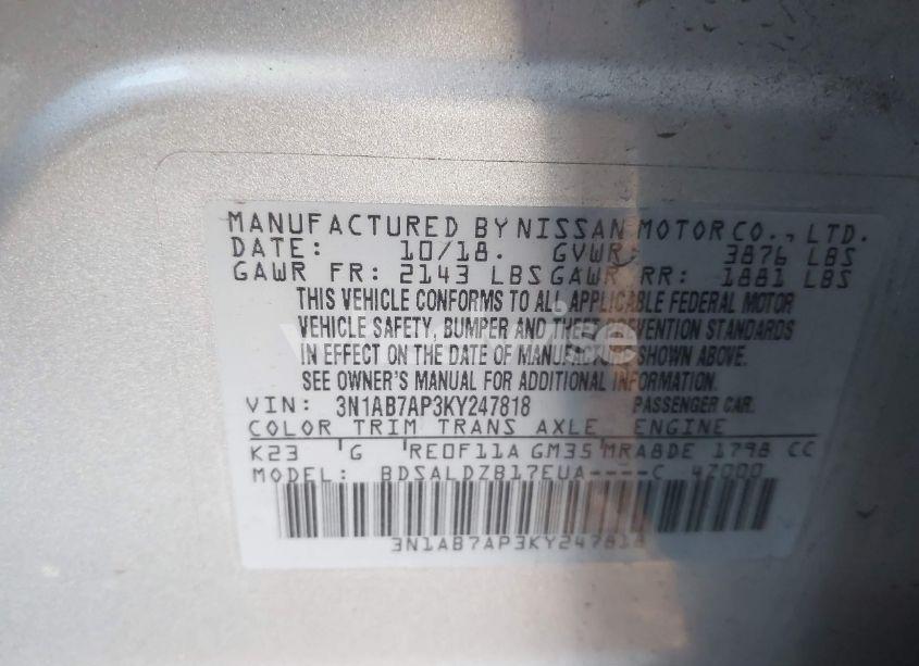 Photo 9 of 2019 Nissan Sentra SV (VIN 3N1AB7AP3KY247818)