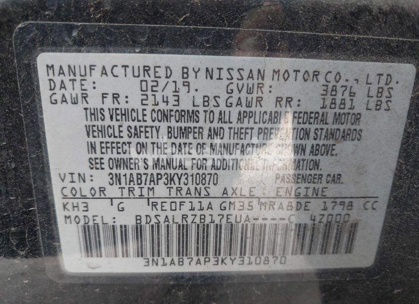 Photo 9 of 2019 Nissan Sentra SR (VIN 3N1AB7AP3KY310870)