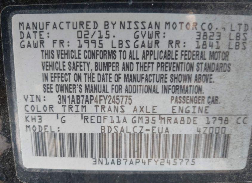 Photo 9 of 2015 Nissan Sentra FE+ S/S/SL/SR/SV (VIN 3N1AB7AP4FY245775)
