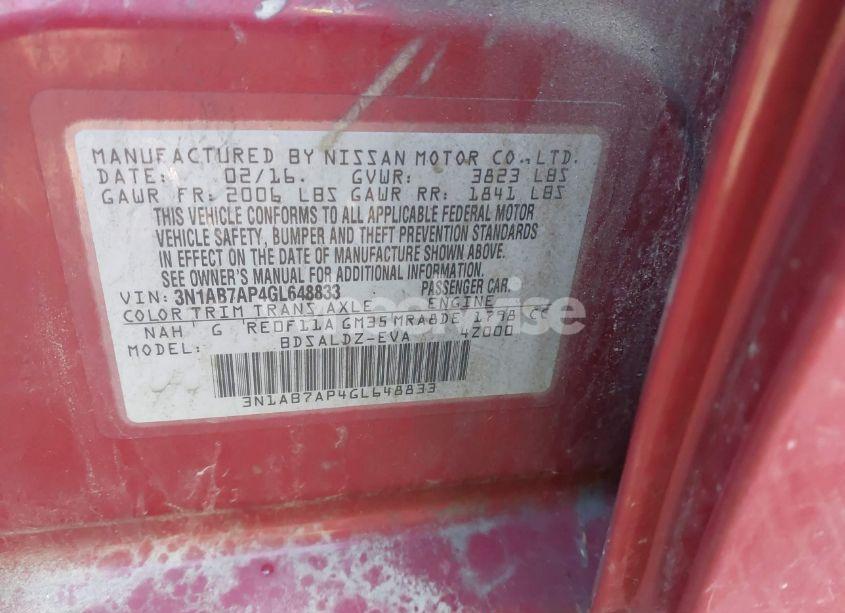 Photo 9 of 2016 Nissan Sentra FE+ S/S/SL/SR/SV (VIN 3N1AB7AP4GL648833)