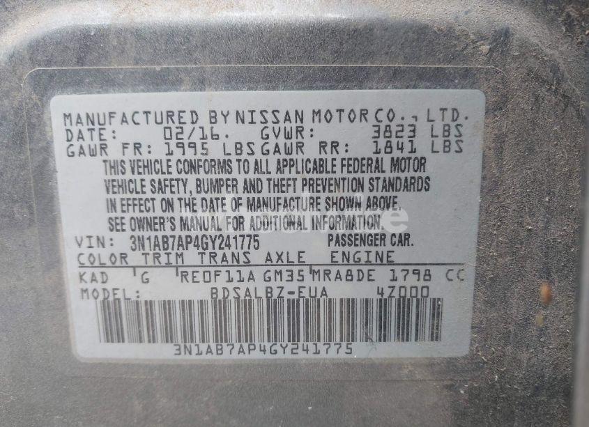 Photo 9 of 2016 Nissan Sentra S (VIN 3N1AB7AP4GY241775)