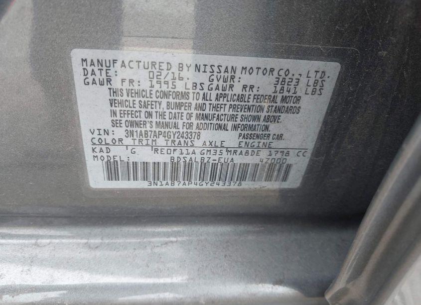 Photo 9 of 2016 Nissan Sentra S (VIN 3N1AB7AP4GY243378)