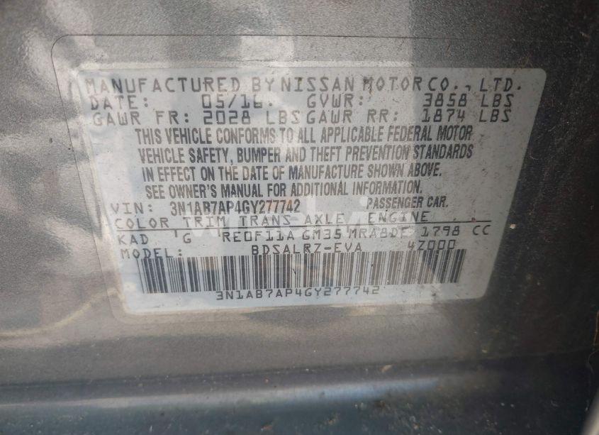 Photo 9 of 2016 Nissan Sentra FE+ S/S/SL/SR/SV (VIN 3N1AB7AP4GY277742)