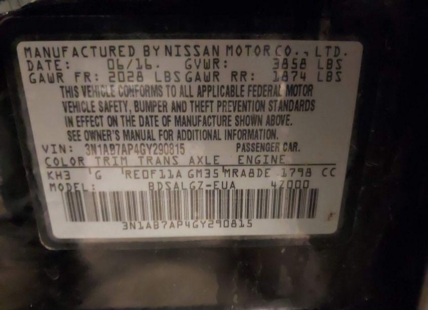 Photo 9 of 2016 Nissan Sentra SL (VIN 3N1AB7AP4GY290815)