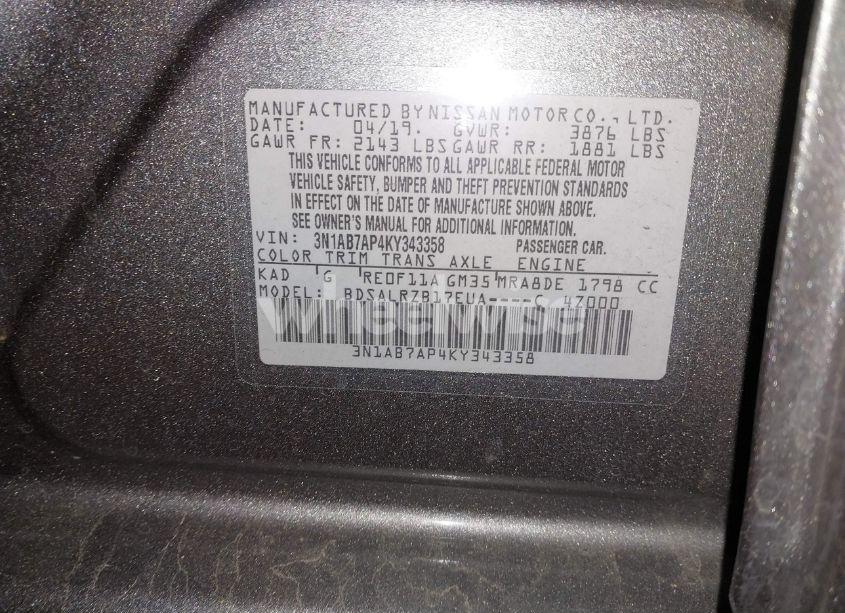 Photo 9 of 2019 Nissan Sentra SR (VIN 3N1AB7AP4KY343358)