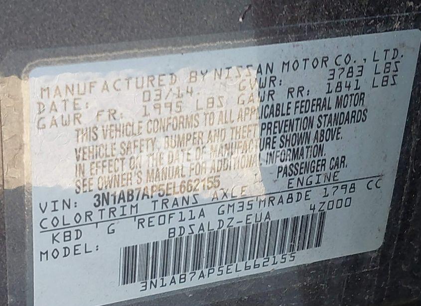 Photo 9 of 2014 Nissan Sentra FE+ S/FE+ SV/S/SL/SR/SV (VIN 3N1AB7AP5EL662155)