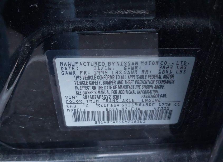 Photo 9 of 2016 Nissan Sentra FE+ S/S/SL/SR/SV (VIN 3N1AB7AP5GY218361)