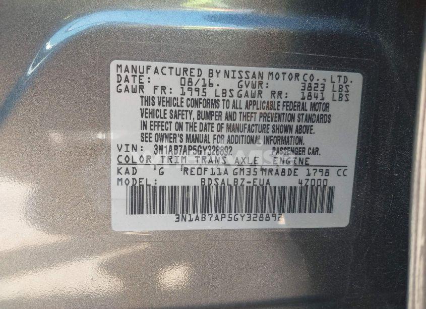 Photo 9 of 2016 Nissan Sentra S (VIN 3N1AB7AP5GY328892)