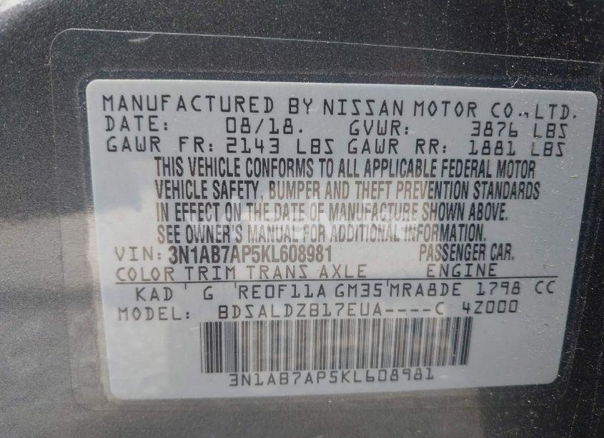 Photo 9 of 2019 Nissan Sentra SV (VIN 3N1AB7AP5KL608981)