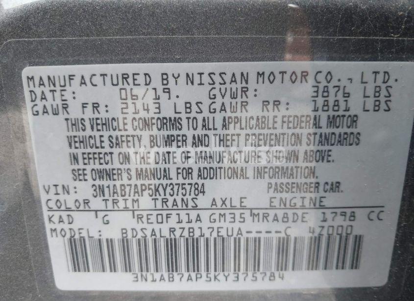 Photo 9 of 2019 Nissan Sentra SR (VIN 3N1AB7AP5KY375784)