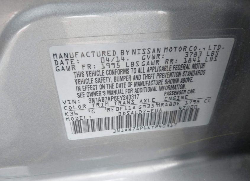 Photo 9 of 2014 Nissan Sentra FE+ S/FE+ SV/S/SL/SR/SV (VIN 3N1AB7AP6EY240317)