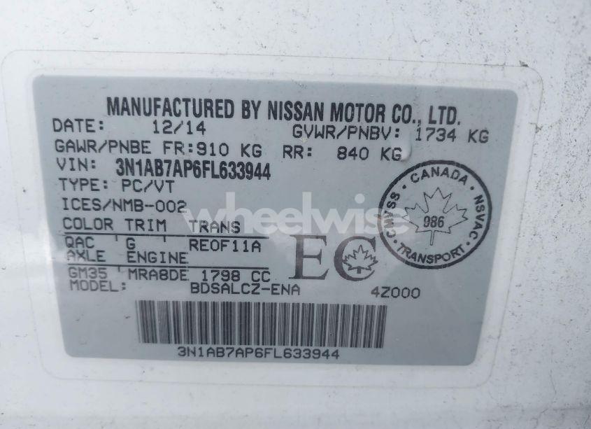Photo 9 of 2015 Nissan Sentra FE+ S/S/SL/SR/SV (VIN 3N1AB7AP6FL633944)