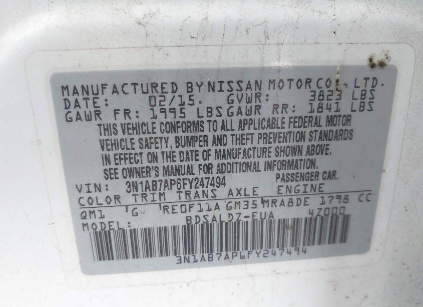 Photo 9 of 2015 Nissan Sentra FE+ S/S/SL/SR/SV (VIN 3N1AB7AP6FY247494)