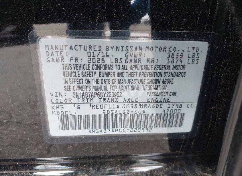 Photo 9 of 2016 Nissan Sentra SL (VIN 3N1AB7AP6GY220992)