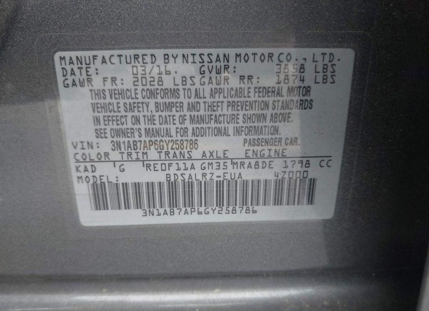 Photo 9 of 2016 Nissan Sentra SR (VIN 3N1AB7AP6GY258786)