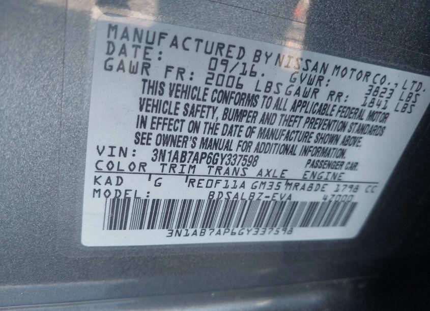 Photo 9 of 2016 Nissan Sentra S (VIN 3N1AB7AP6GY337598)