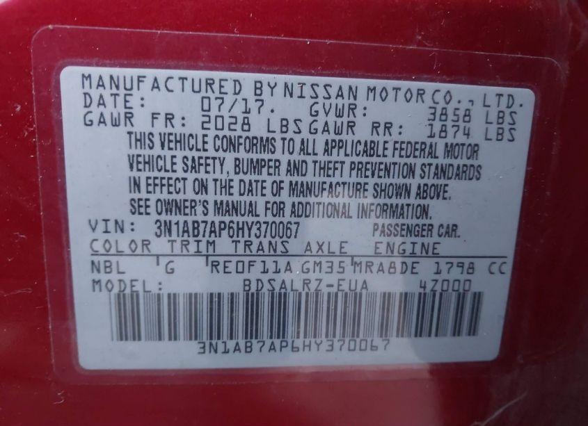 Photo 9 of 2017 Nissan Sentra SR (VIN 3N1AB7AP6HY370067)