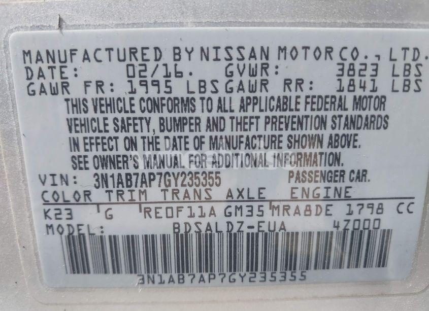 Photo 9 of 2016 Nissan Sentra FE+ S/S/SL/SR/SV (VIN 3N1AB7AP7GY235355)