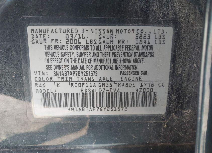 Photo 12 of 2016 Nissan Sentra SV (VIN 3N1AB7AP7GY251572)