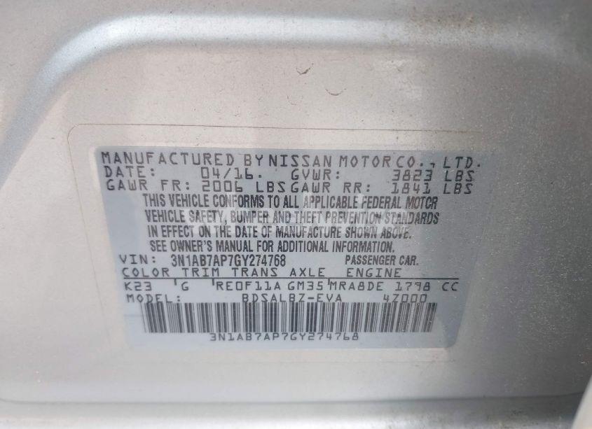 Photo 9 of 2016 Nissan Sentra FE+ S/S/SL/SR/SV (VIN 3N1AB7AP7GY274768)