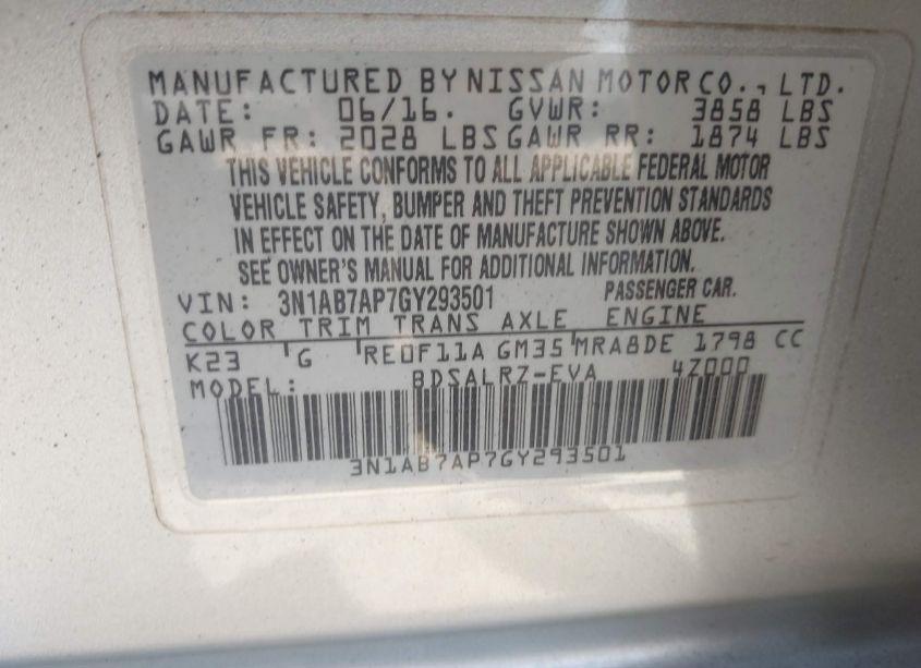 Photo 9 of 2016 Nissan Sentra SR (VIN 3N1AB7AP7GY293501)