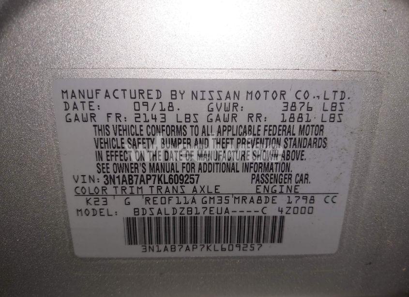 Photo 9 of 2019 Nissan Sentra SV (VIN 3N1AB7AP7KL609257)