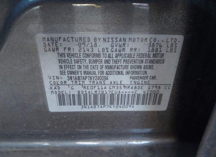 Photo 9 of 2019 Nissan Sentra SR (VIN 3N1AB7AP7KY240094)