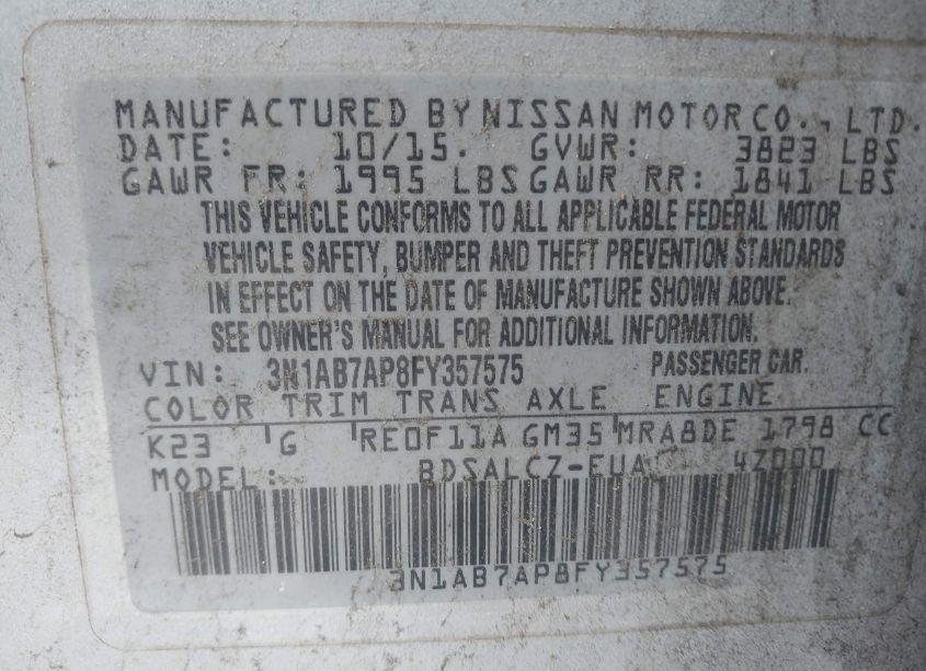 Photo 9 of 2015 Nissan Sentra S (VIN 3N1AB7AP8FY357575)