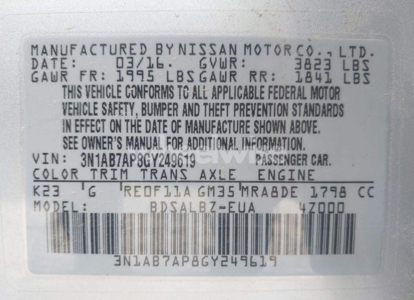 Photo 9 of 2016 Nissan Sentra FE+ S/S/SL/SR/SV (VIN 3N1AB7AP8GY249619)