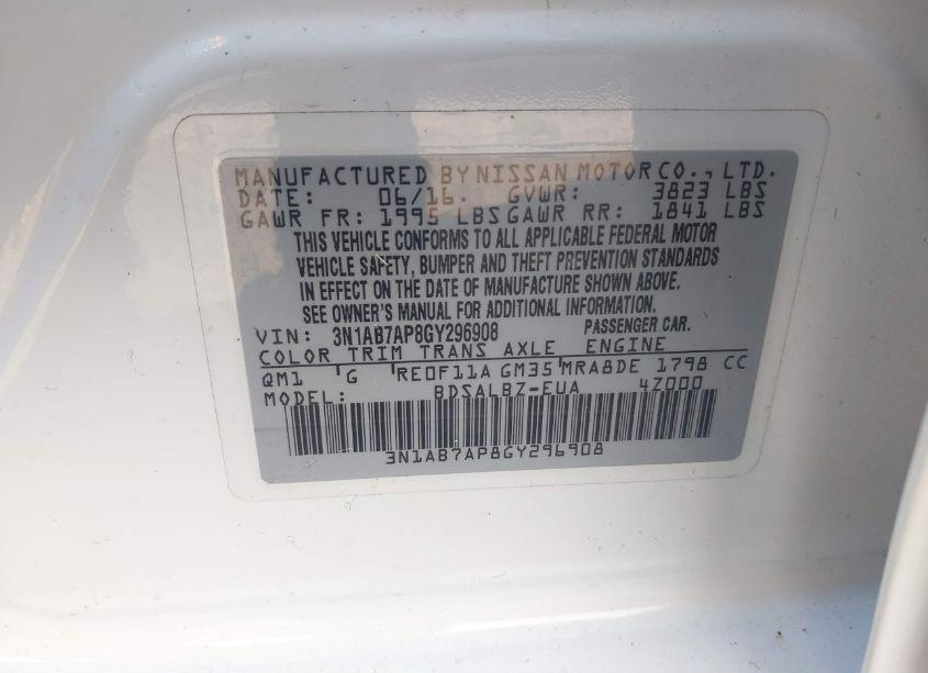 Photo 9 of 2016 Nissan Sentra S (VIN 3N1AB7AP8GY296908)