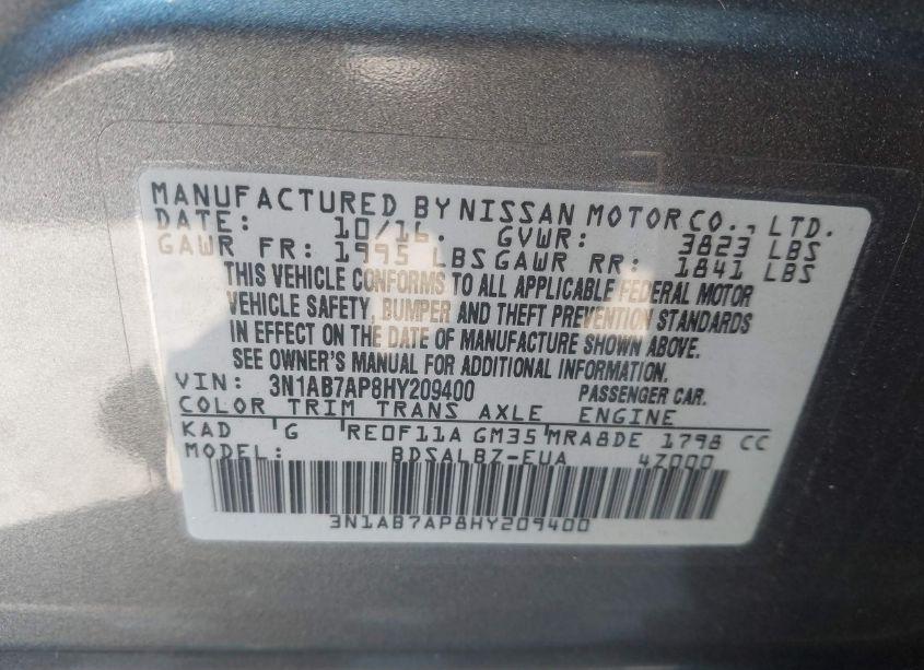 Photo 9 of 2017 Nissan Sentra S/SL/SR/SV (VIN 3N1AB7AP8HY209400)