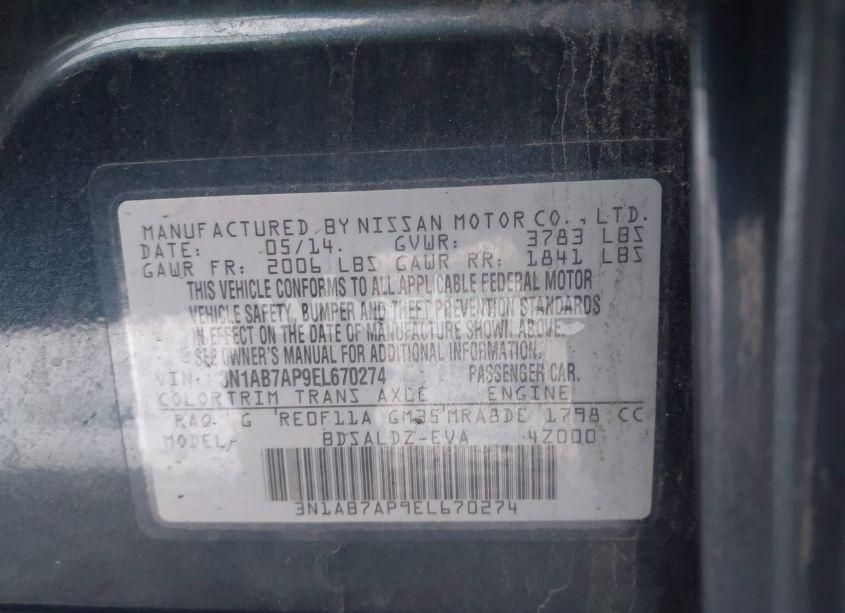 Photo 9 of 2014 Nissan Sentra FE+ S/FE+ SV/S/SL/SR/SV (VIN 3N1AB7AP9EL670274)