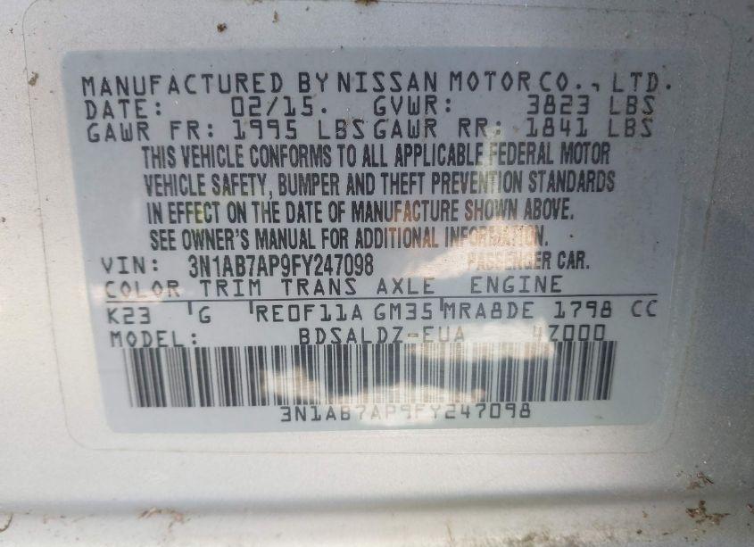 Photo 9 of 2015 Nissan Sentra FE+ S/S/SL/SR/SV (VIN 3N1AB7AP9FY247098)