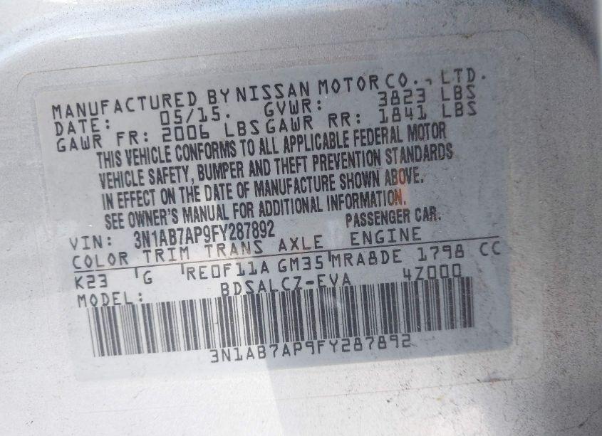 Photo 9 of 2015 Nissan Sentra S (VIN 3N1AB7AP9FY287892)