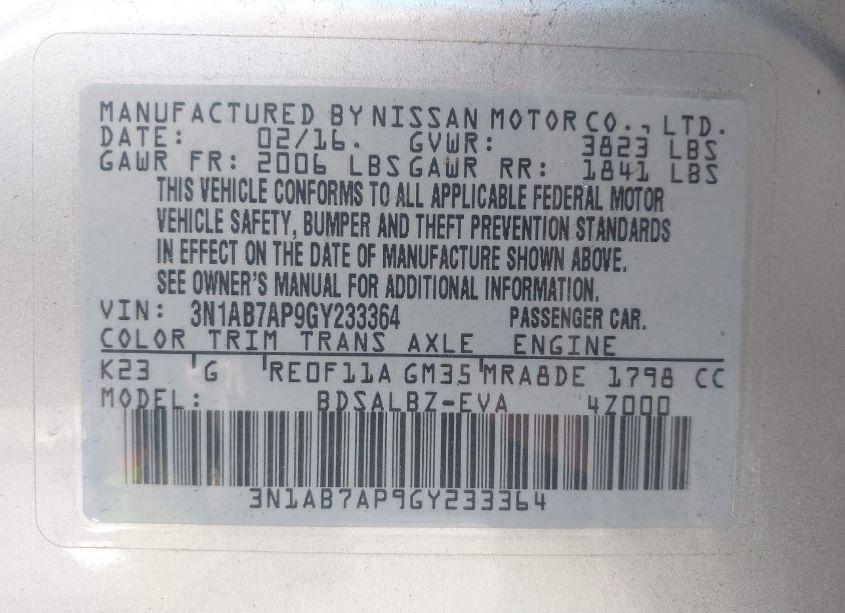 Photo 9 of 2016 Nissan Sentra FE+ S/S/SL/SR/SV (VIN 3N1AB7AP9GY233364)