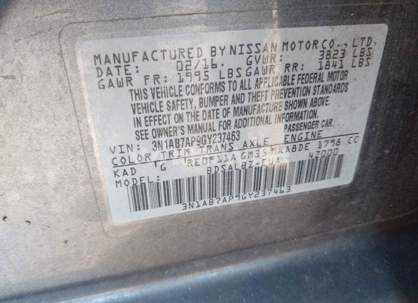 Photo 9 of 2016 Nissan Sentra FE+ S/S/SL/SR/SV (VIN 3N1AB7AP9GY237463)