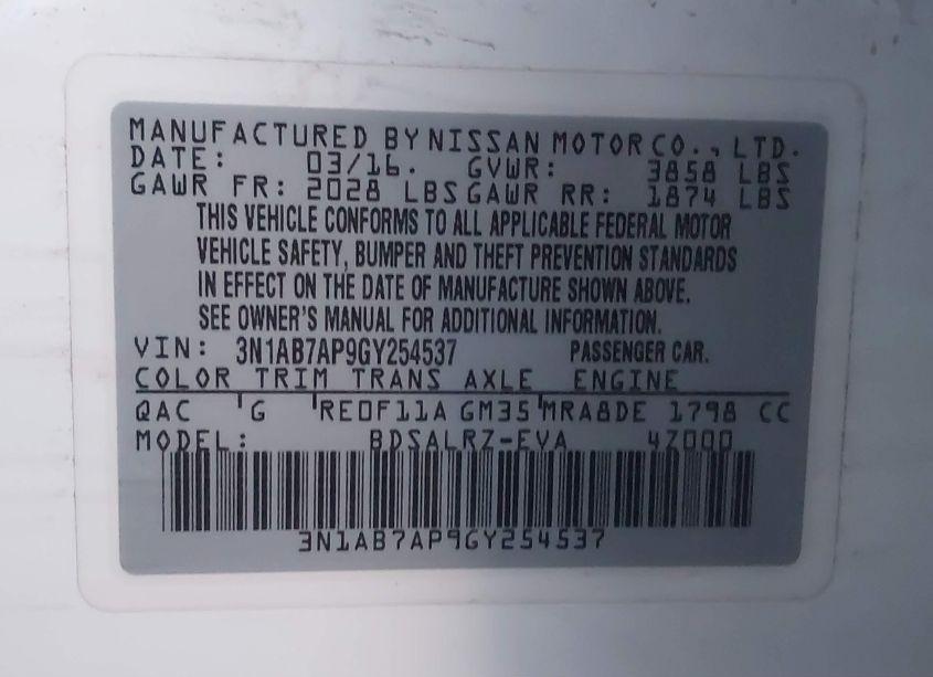 Photo 9 of 2016 Nissan Sentra SR (VIN 3N1AB7AP9GY254537)