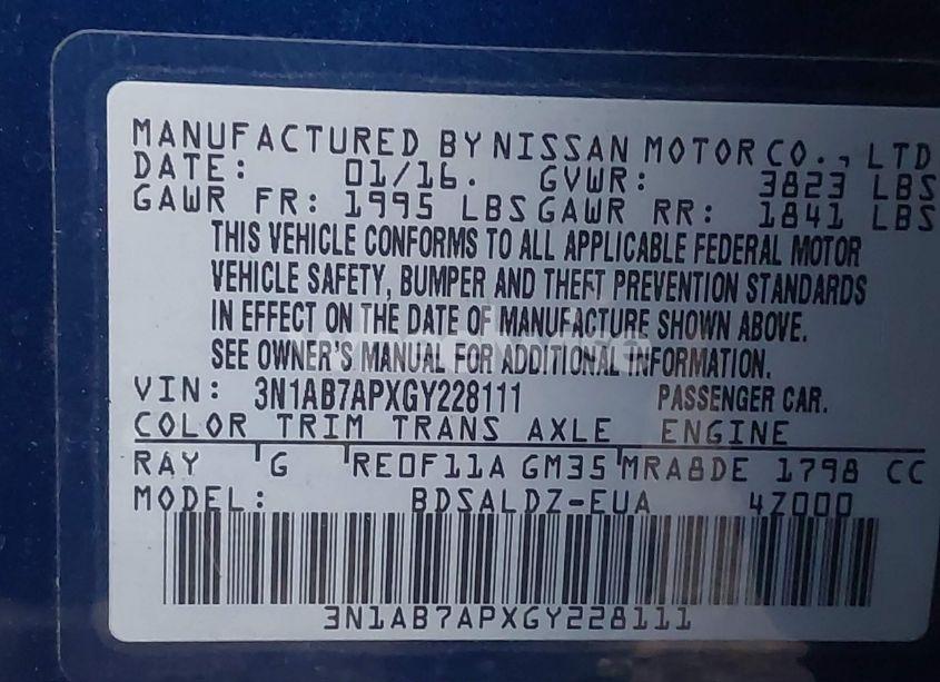 Photo 9 of 2016 Nissan Sentra SV (VIN 3N1AB7APXGY228111)