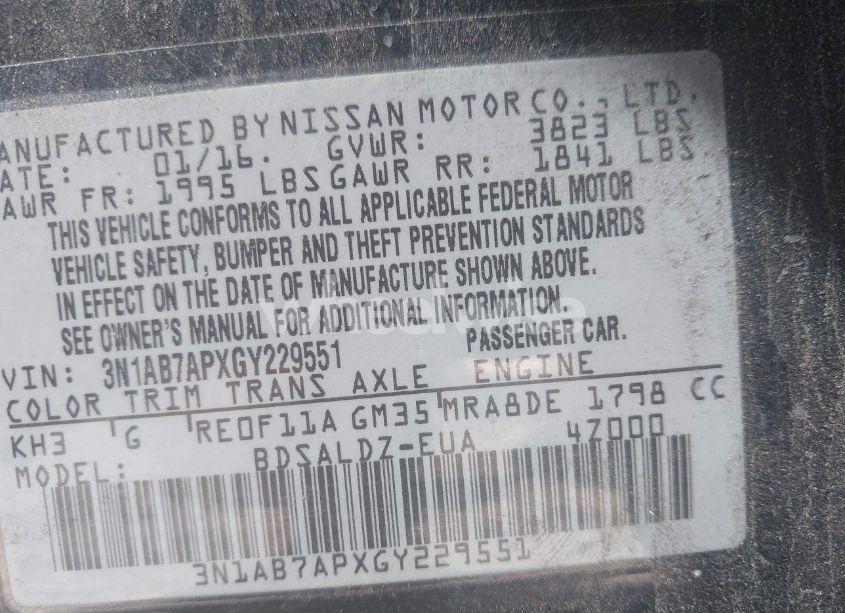 Photo 9 of 2016 Nissan Sentra S/SV/SR/SL (VIN 3N1AB7APXGY229551)