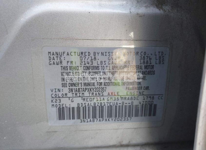 Photo 9 of 2019 Nissan Sentra S (VIN 3N1AB7APXKY202357)