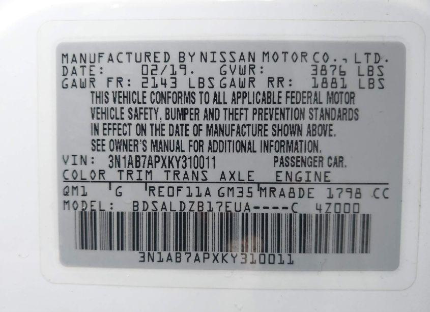 Photo 9 of 2019 Nissan Sentra SV (VIN 3N1AB7APXKY310011)