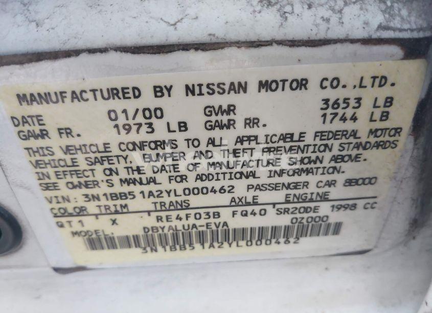 Photo 9 of 2000 Nissan Sentra SE (VIN 3N1BB51A2YL000462)